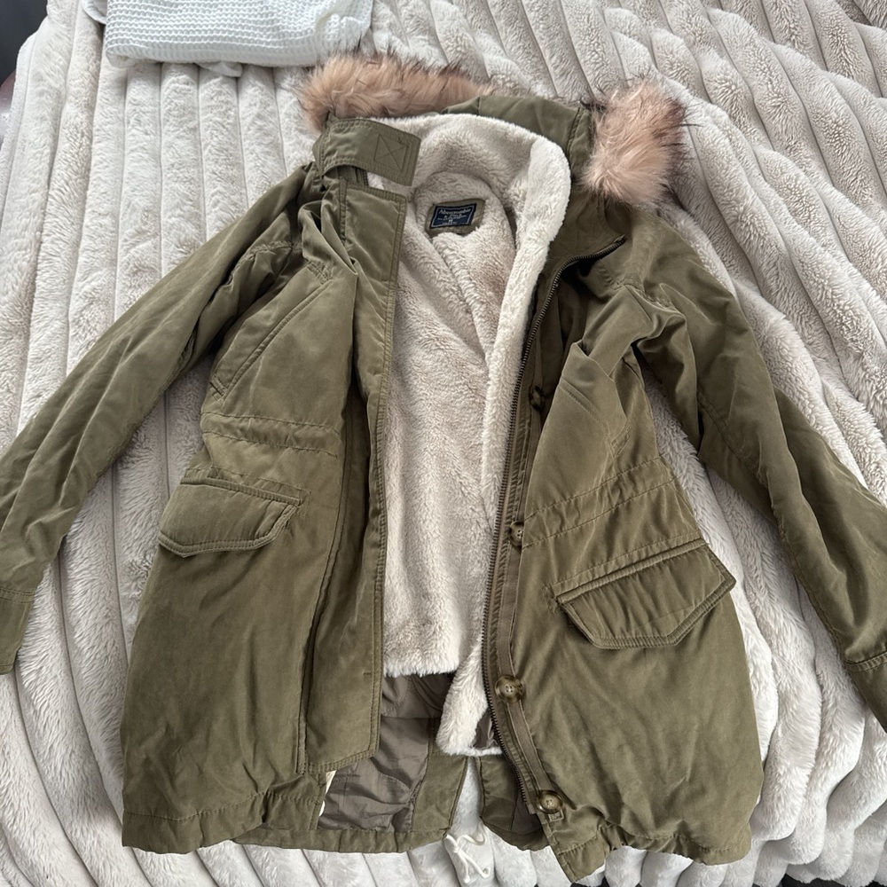 Abercrombie & Fitch Khaki Utility Jacket with Faux Fur Hood